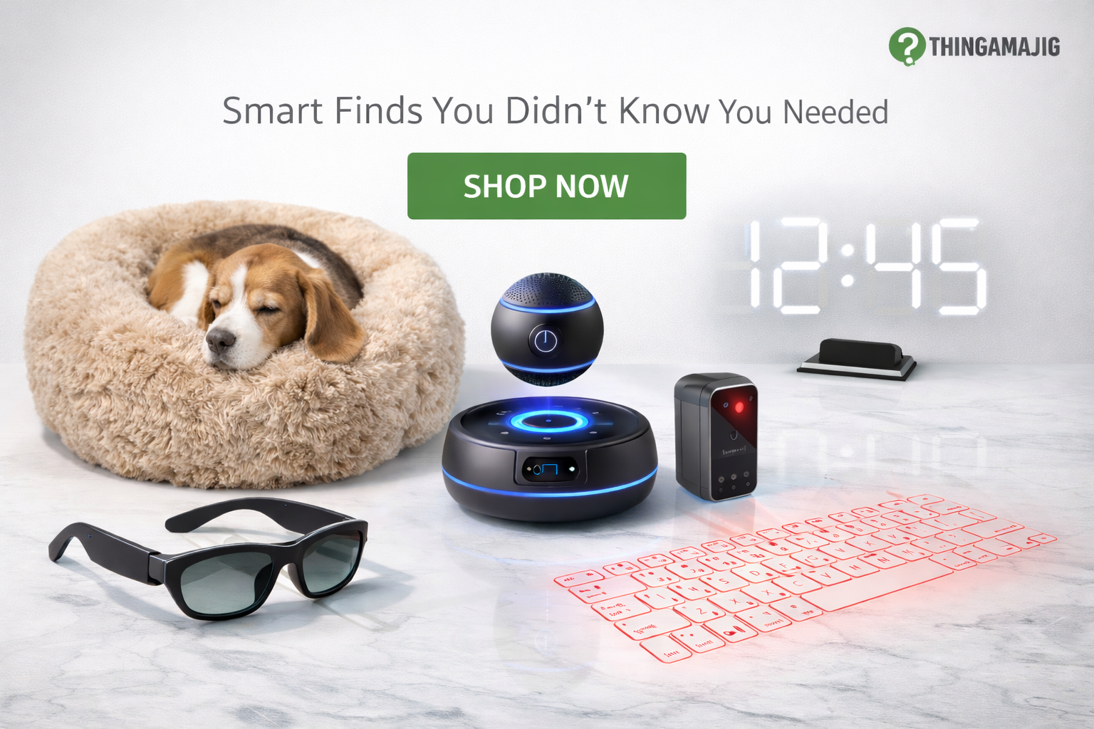A clean white banner showing smart gadgets: a cozy pet bed with a sleeping dog, smart glasses, a floating digital clock with glowing numbers, a laser virtual keyboard, and a futuristic microphone.