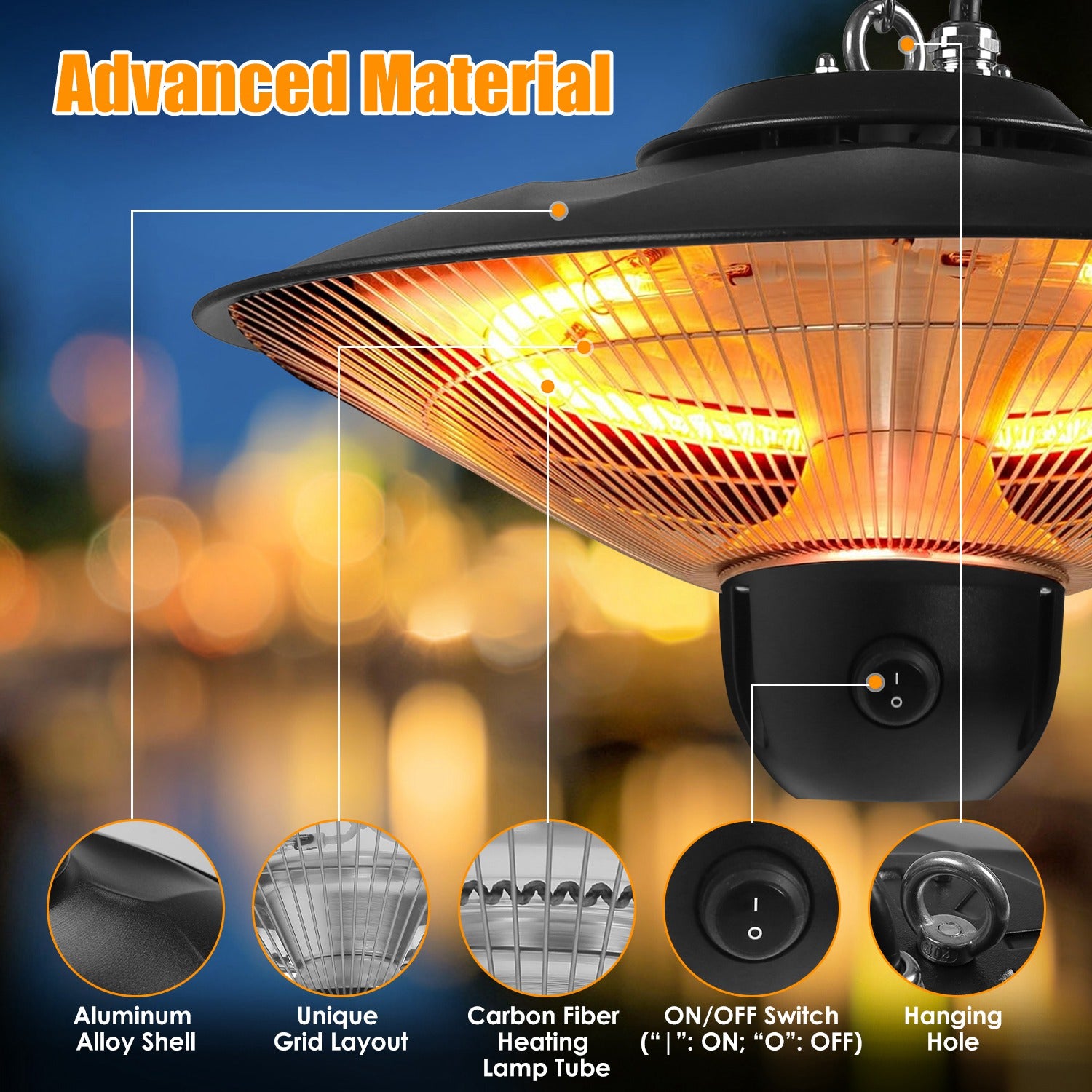 1500W Outdoor Patio Heater Electric Hanging Heated Ceiling Mounted Heating Lamp IP23 Waterproof With 3 Heating Levels 30Mins 60Mins Timer 2 Remote Control For Garage Balcony Courtyard