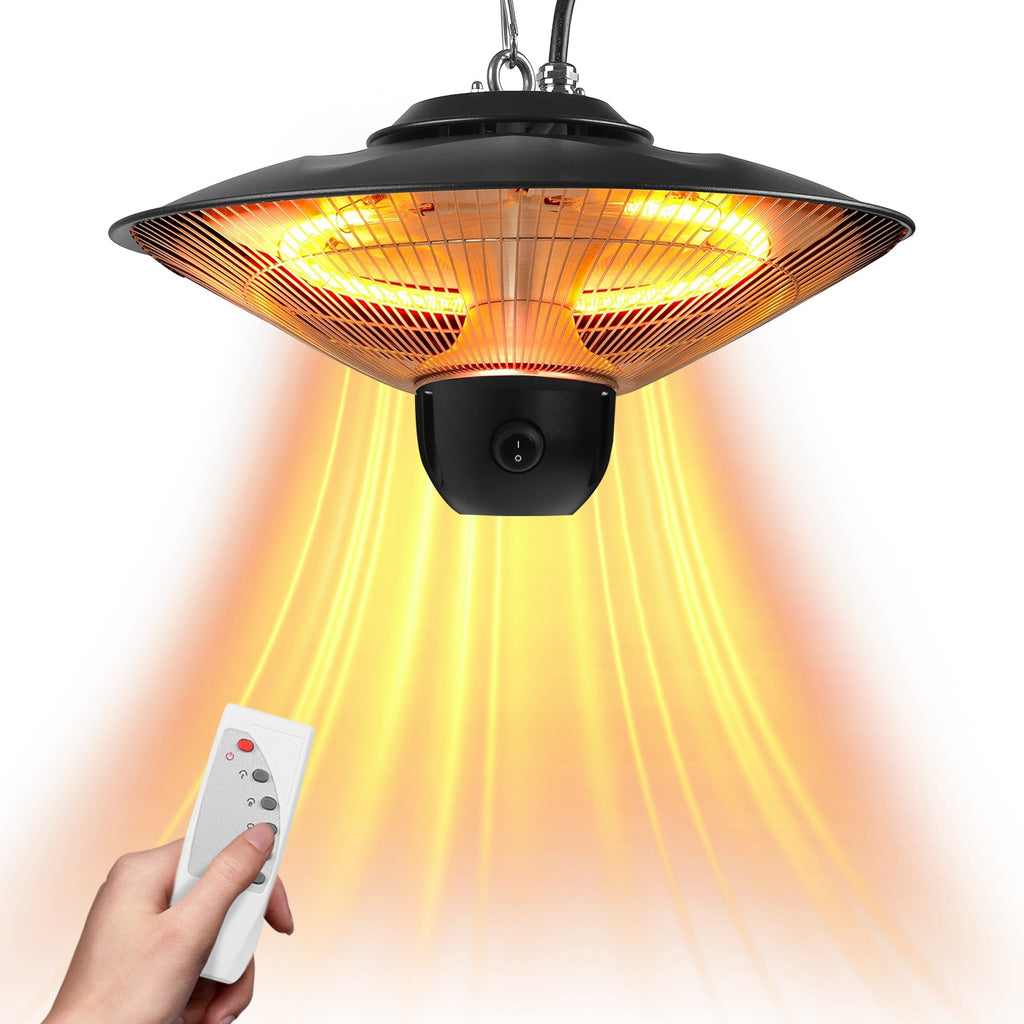 1500W Outdoor Patio Heater Electric Hanging Heated Ceiling Mounted Heating Lamp IP23 Waterproof With 3 Heating Levels 30Mins 60Mins Timer 2 Remote Control For Garage Balcony Courtyard