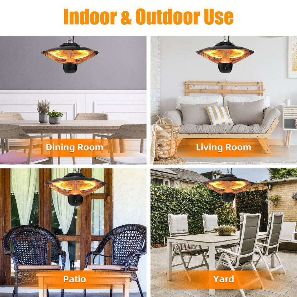 1500W Outdoor Patio Heater Electric Hanging Heated Ceiling Mounted Heating Lamp IP23 Waterproof With 3 Heating Levels 30Mins 60Mins Timer 2 Remote Control For Garage Balcony Courtyard