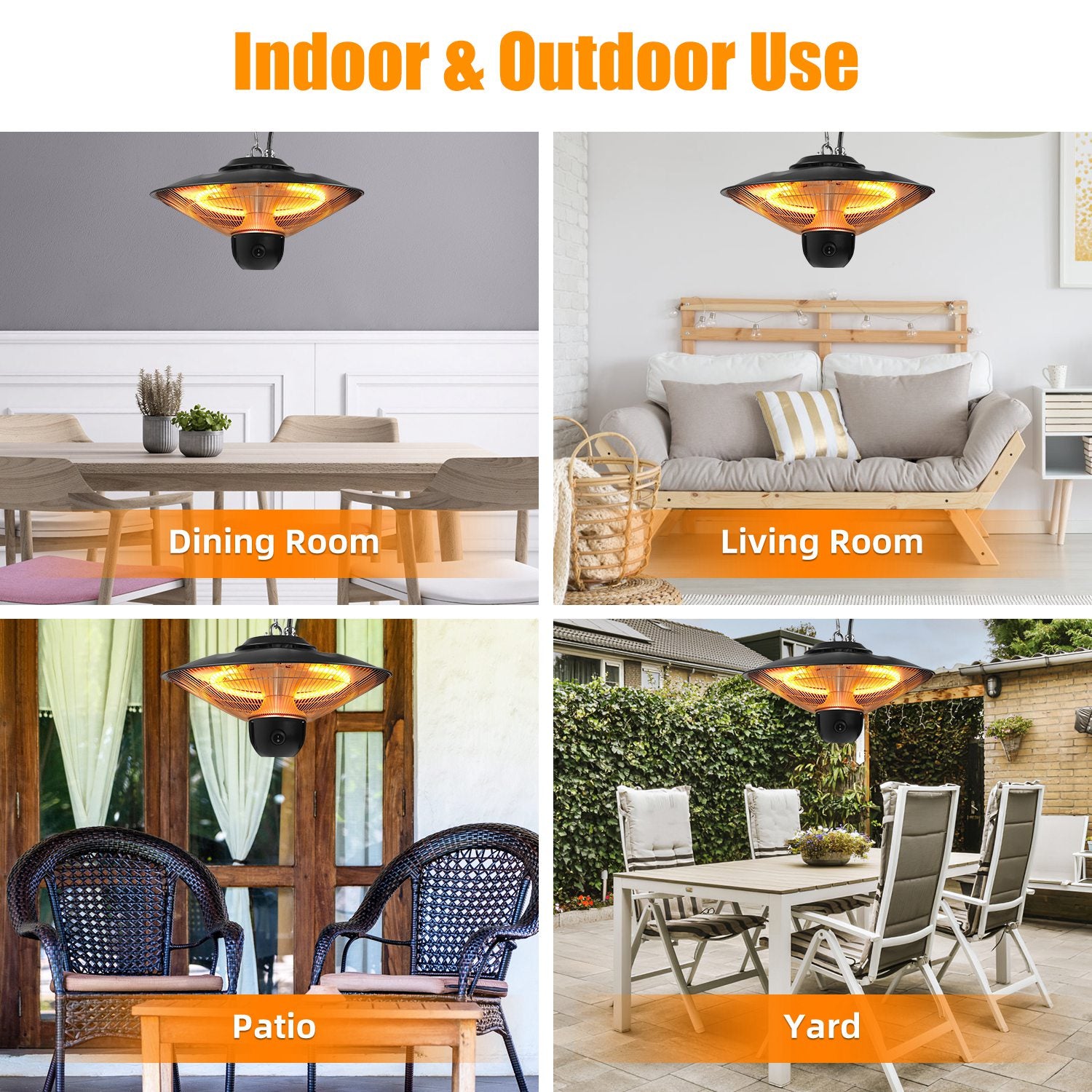 1500W Outdoor Patio Heater Electric Hanging Heated Ceiling Mounted Heating Lamp IP23 Waterproof With 3 Heating Levels 30Mins 60Mins Timer 2 Remote Control For Garage Balcony Courtyard