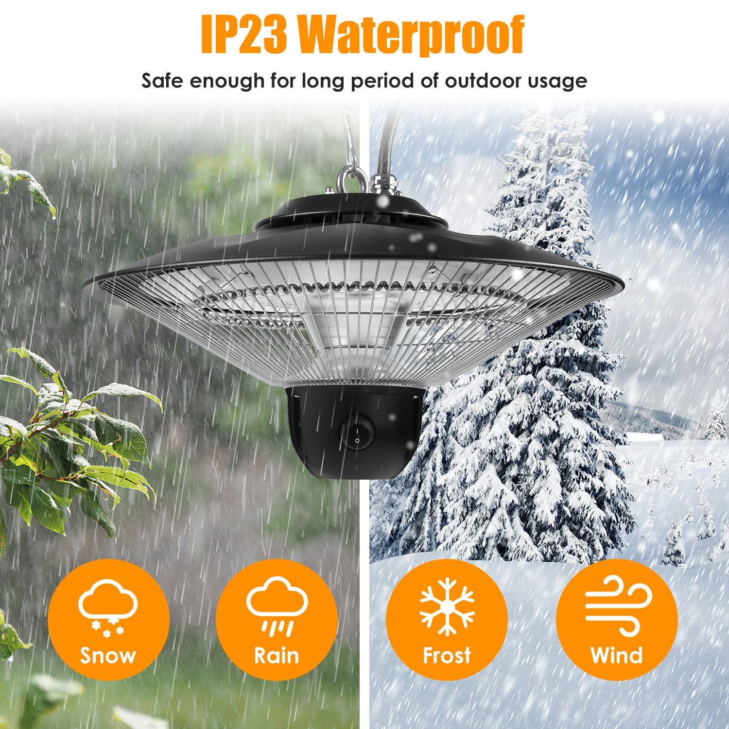 1500W Outdoor Patio Heater Electric Hanging Heated Ceiling Mounted Heating Lamp IP23 Waterproof With 3 Heating Levels 30Mins 60Mins Timer 2 Remote Control For Garage Balcony Courtyard
