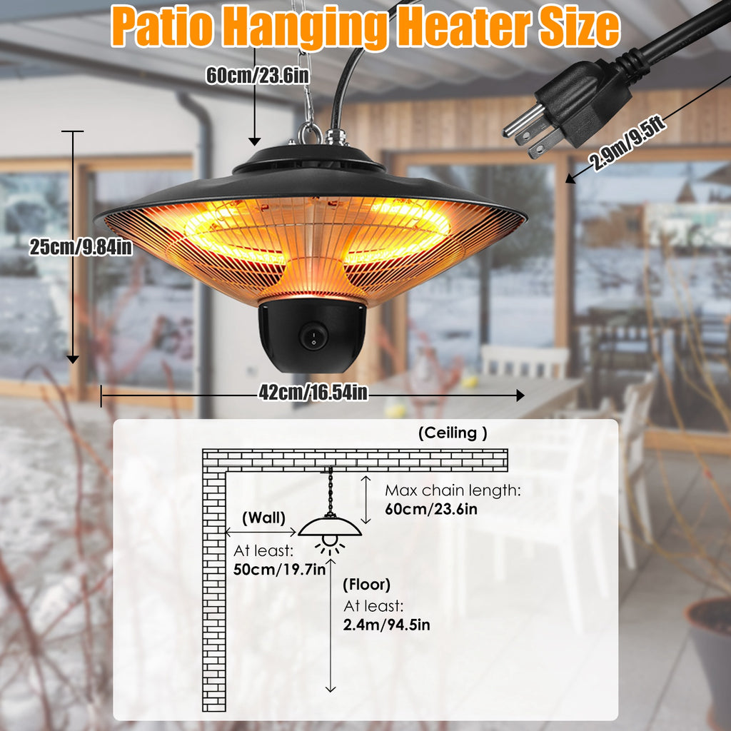 1500W Outdoor Patio Heater Electric Hanging Heated Ceiling Mounted Heating Lamp IP23 Waterproof With 3 Heating Levels 30Mins 60Mins Timer 2 Remote Control For Garage Balcony Courtyard