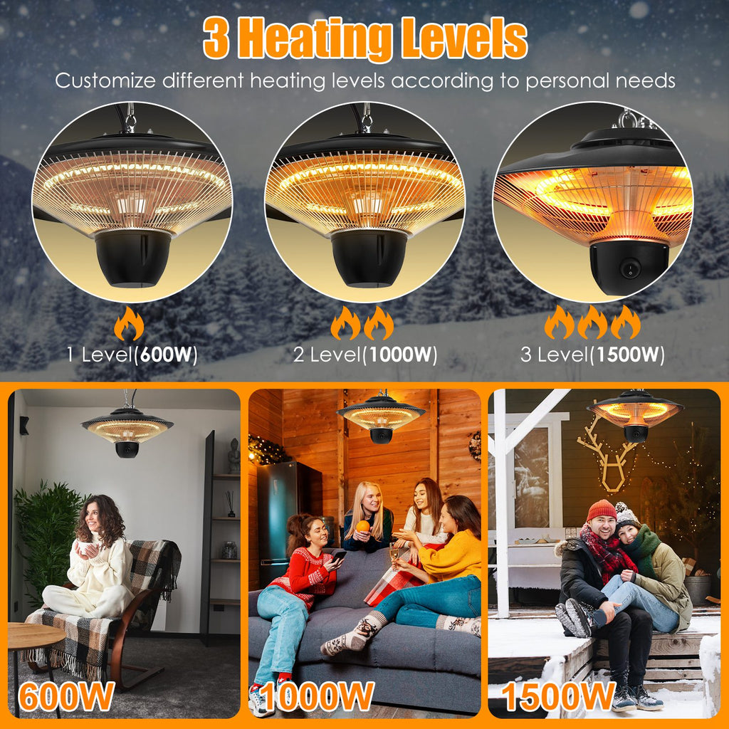 1500W Outdoor Patio Heater Electric Hanging Heated Ceiling Mounted Heating Lamp IP23 Waterproof With 3 Heating Levels 30Mins 60Mins Timer 2 Remote Control For Garage Balcony Courtyard