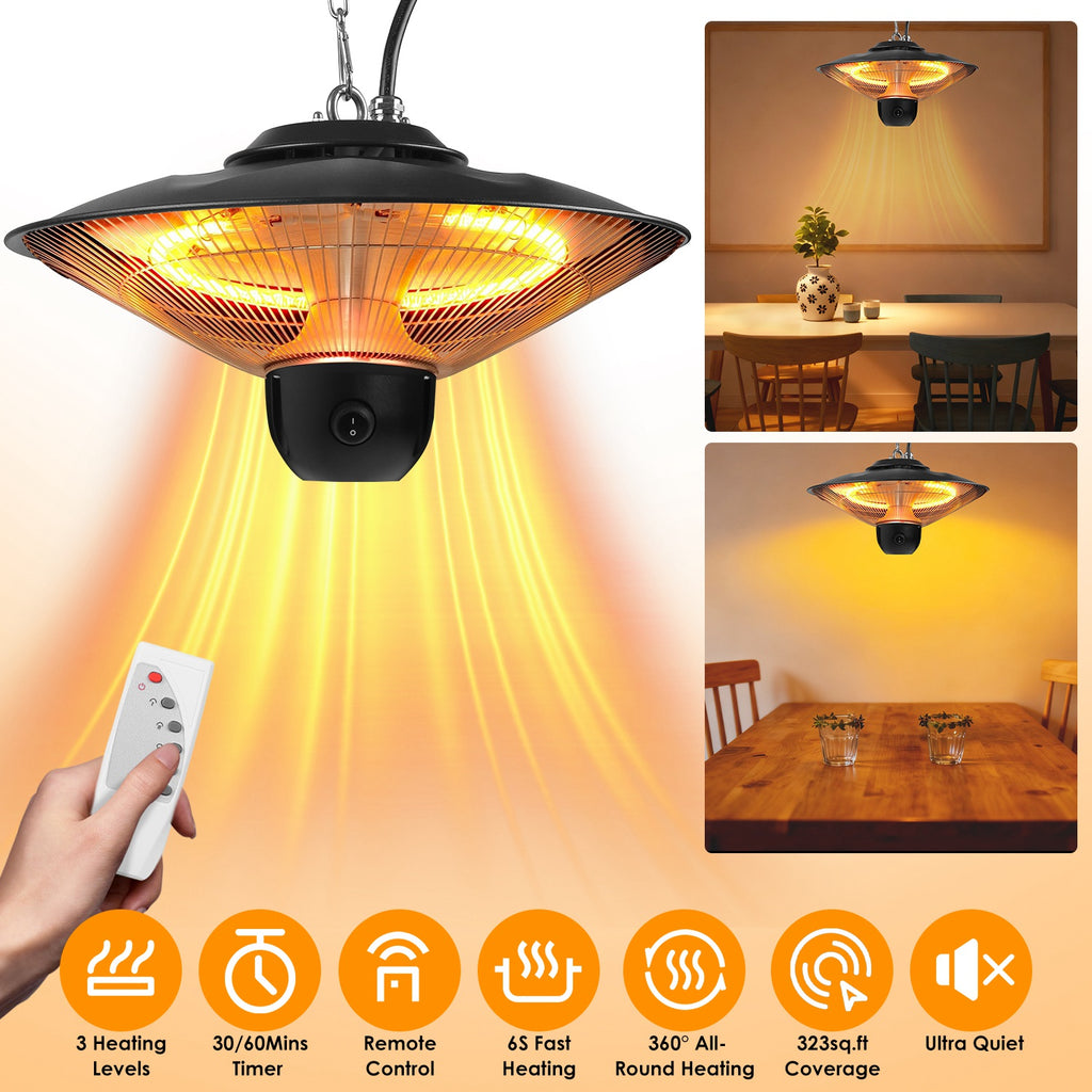 1500W Outdoor Patio Heater Electric Hanging Heated Ceiling Mounted Heating Lamp IP23 Waterproof With 3 Heating Levels 30Mins 60Mins Timer 2 Remote Control For Garage Balcony Courtyard