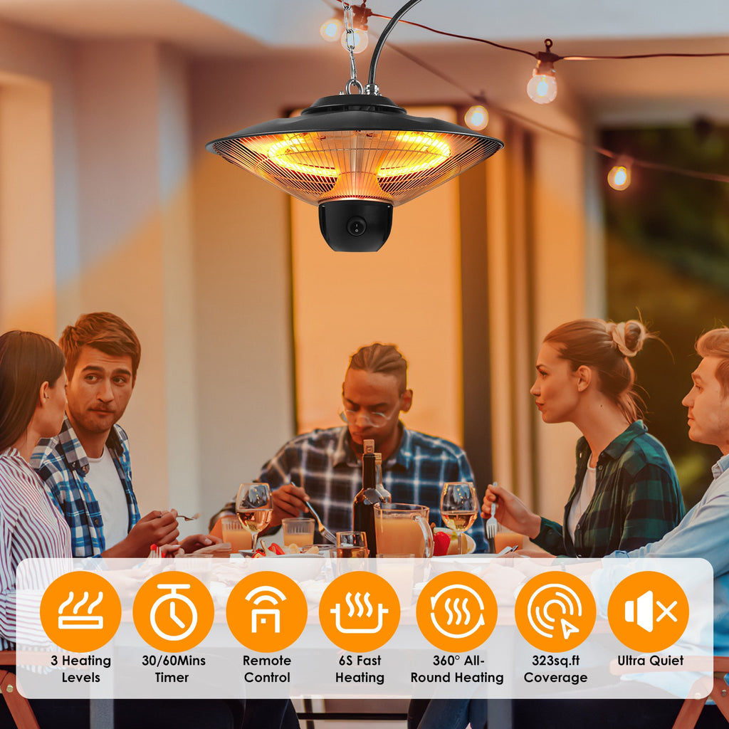 1500W Outdoor Patio Heater Electric Hanging Heated Ceiling Mounted Heating Lamp IP23 Waterproof With 3 Heating Levels 30Mins 60Mins Timer 2 Remote Control For Garage Balcony Courtyard